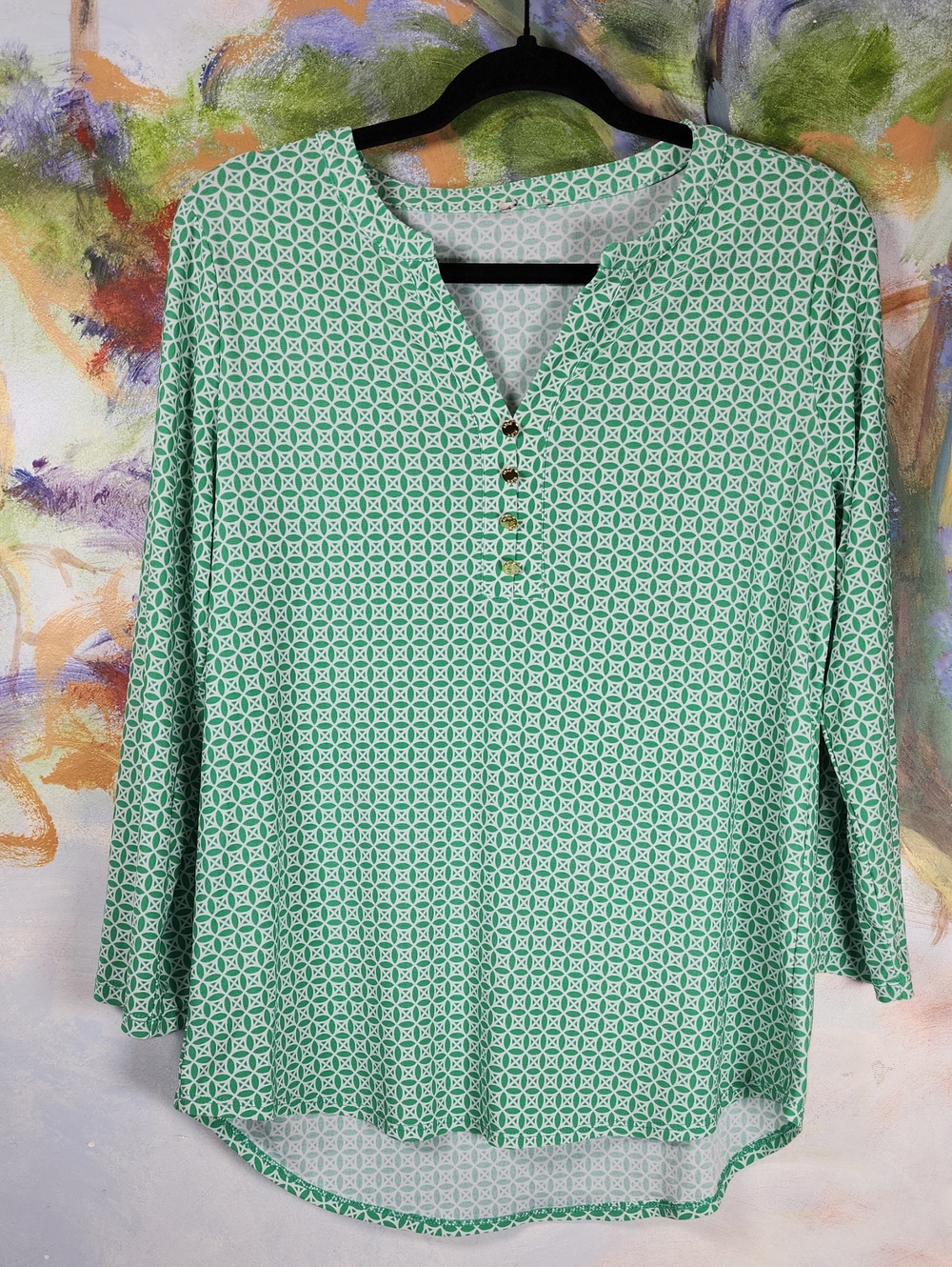 Anne Klein Seafoam Geometric Henley Long Sleeve Top